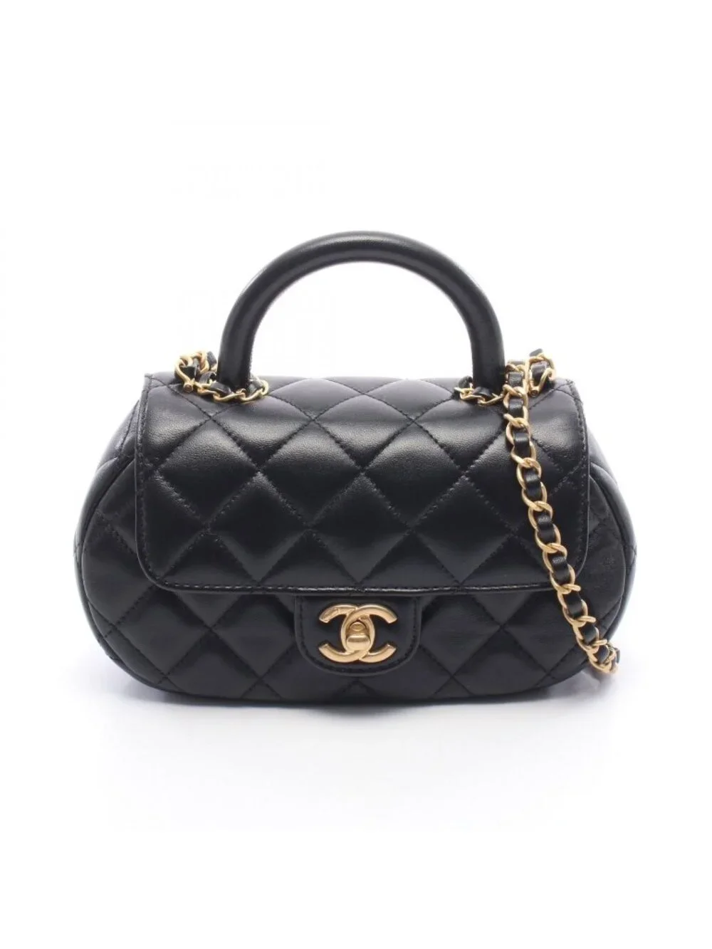 Chanel Shoulder Bag Quilted Top Handle 2-Way Black Lambskin Chain